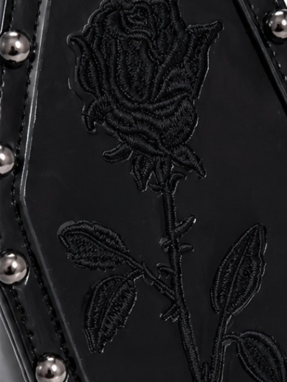 Black Patent Coffin Belt Bag Goth Rose Embroidered Studded Festival Punk Y2K - Picture 4 of 5